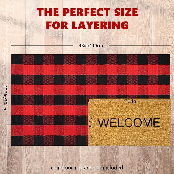 Buffalo Plaid Area Rug, Checkered Rug 27.5x43 Inches, Black and Red Rug, Washable Cotton Mat for Front Porch, Entryway, Kitchen, Living Room, Christmas Decor
