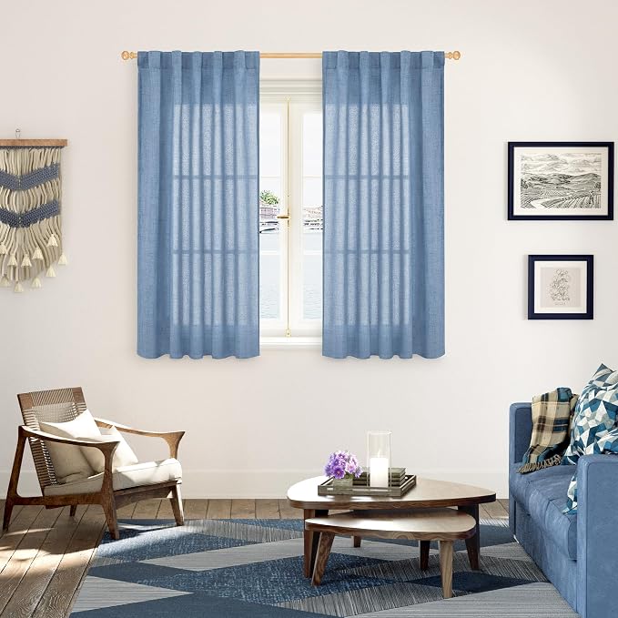 YoungsTex 48 Inch Length Denim Blue Linen Curtains, Short Drapes Light Filtering Semi Sheer with Rod Pocket Back Tab for Bathroom Living Room Windows, 2 Panels, 42 X 48 Inch