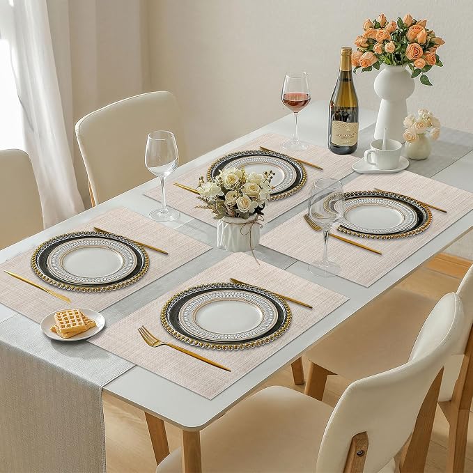 Vinyl Placemats Set of 6, PVC Woven Washable Non-Slip Table Mats, Heat Resistant Wrinkle Free Place Mats for Dining Table, Easy to Clean (6, Beige)