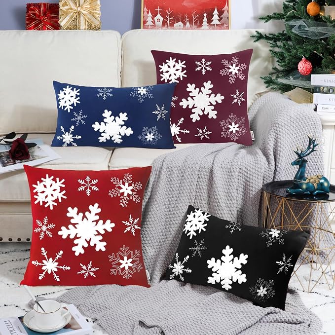 BRAWARM Christmas Pillow Cover 12 X 20 Inches, Burgundy Snowflake Embroidered Lumbar Pillow Cover, Soft Velvet Decorative Throw Pillow for Couch Bed Sofa Living Room Home