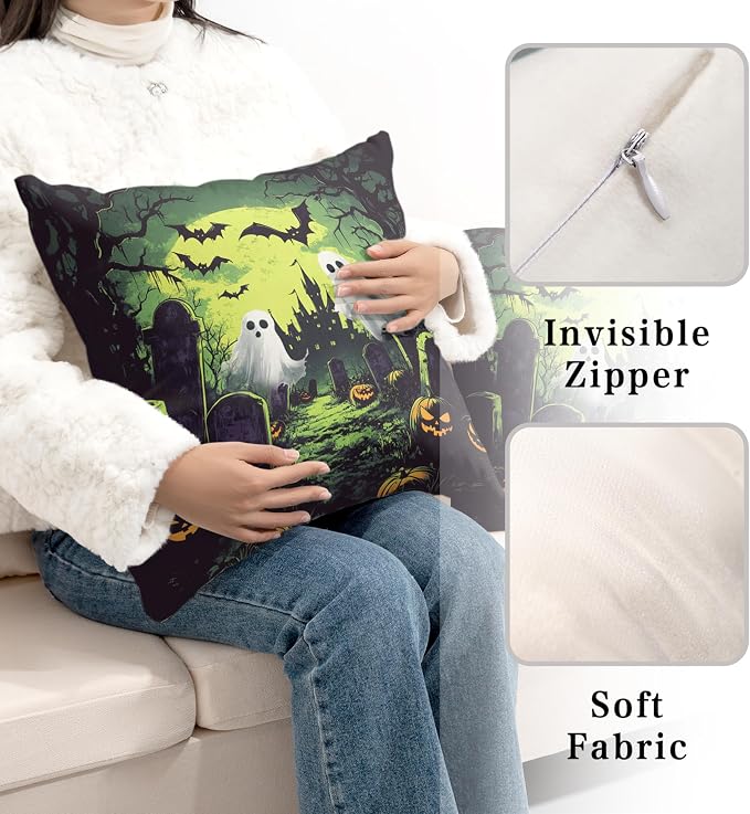 2 Pack Halloween Pillow Covers 20x20 Graveyard Ghost Throw Pillow Covers Horror Spooky Green Full Moon Night Pillow Case Bat Pumpkin Cushion Case for Holiday Party Decor Couch Sofa