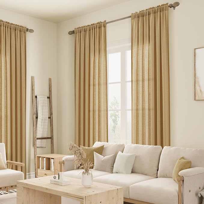 Gold Yellow Linen Curtains 108 Inches Long 2 Panel Set Rod Pocket Semi Sheer Dining Room Cozy Bedroom Decor Cotton Look Country Rustic Farmhouse Boho Curtains 52x108