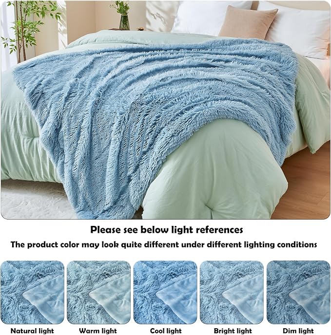 GONAAP Fuzzy Faux Fur Throw Blanket for Couch, Light Blue, 50"x60" | Warm Cozy Plush Shaggy Decorative Reversible Thick Non-Heated Fleece Blanket for Sofa Bed, Gift for Women Men, All Season Use
