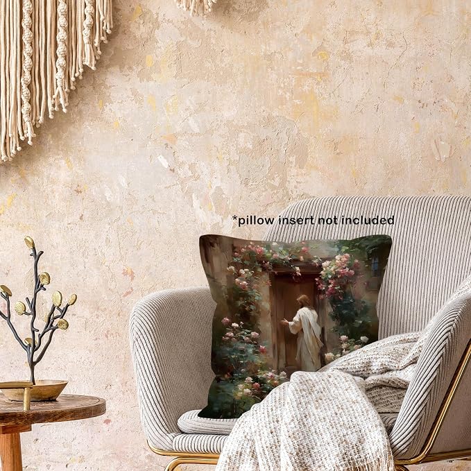 Christian Jesus Throw Pillow Covers Gifts 18x18, Vintage Religious Decor Pillow Cases for Bedroom Living Room, Cottagecore Jesus Knocking Door Decorative Square Pillowcases for Couch Bed Sofa