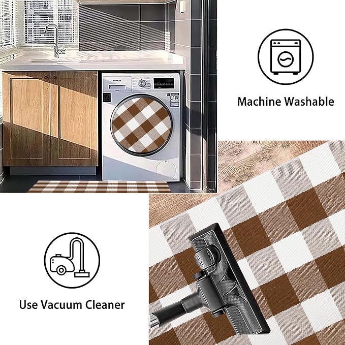 Coffee and White Outdoor Rug 27.5''x 43.3''Buffalo Plaid Layered Doormat Woven Machine Washable Farmhouse Door Mats Outdoor for Hello/Welcome Mat,Entryway,Bedroom,Patio