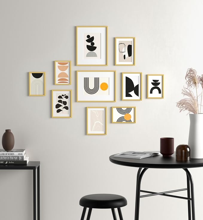 eletecpro Aluminum Gallery Wall Frame Set of 10 with Glass Cover, Gold | 2Pcs 8x10, 4Pcs 5x7, 4Pcs 4x6 Photo Frames, Multiple Sizes Picture Frames Collage Wall Decor or Tabletop