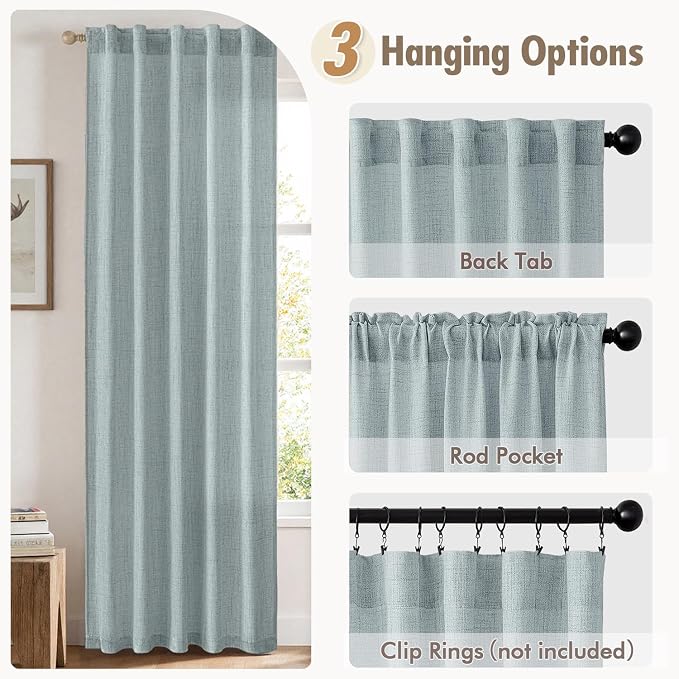 MIULEE Faux Linen Curtains 63 Inch Length 2 Panels Natural Stone Blue Semi Sheer Curtain with Back Tab Rod Pocket, Light Filtering Window Privacy Burlap Drapes for Living Room Bedroom 42W x 63L
