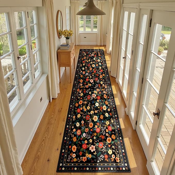 Washable Floral Area Rug for Living Room Runner 2x8 Black | Non-Slip，Vacuum-Friendly, Low Pile, Flower Carpet for Bedroom Kitchen Entryway Dining Room Office Nursery