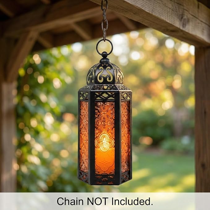 Vela Lanterns Decorative Indoor Moroccan Candle Holder, Amber, M | Halloween Decorations, Amber Orange Glass Decor, Gothic Dark Academia Lamp, Turkish Votive Pillar Tealight, 10.5in Tall