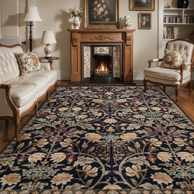 Ciicool 4x6 Washable Area Rug Floral Living Room Rugs for Bedroom Bedside | Soft Low Pile Carpet for Hallway Entryway Playroom Laundry Office Home Boho Non-Slip Black Carpets