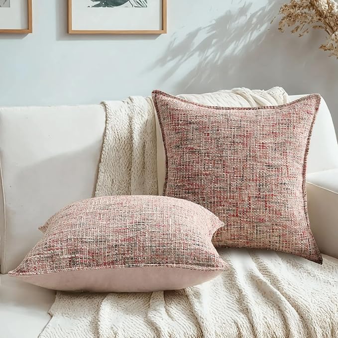 HAUSSY Pack of 2 Chenille Tweed Throw Pillow Covers 20x20 Inch, Blush