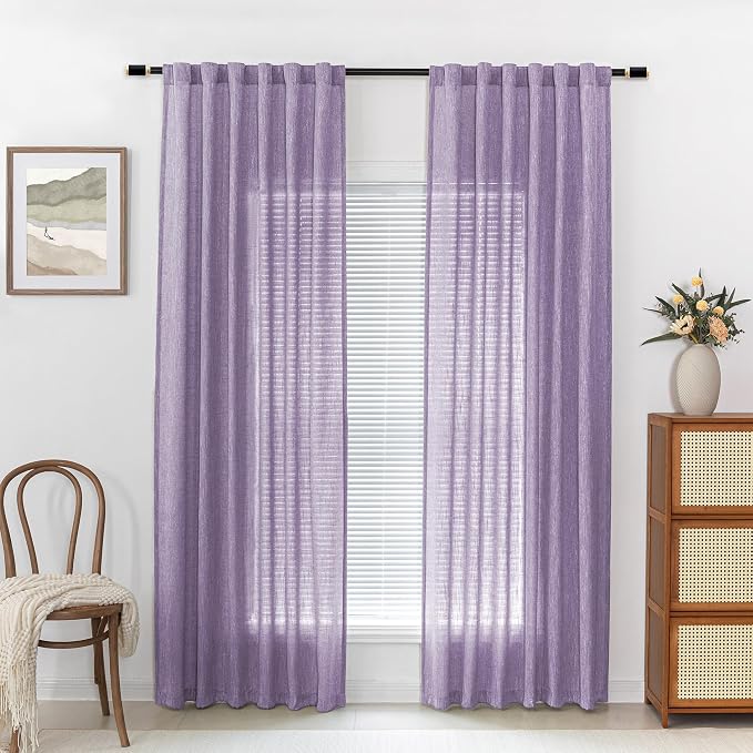 MYSKY HOME Boho Curtains 90 Inch Long Farmhouse Living Room Curtain Drapes, Soft Light Filtering Semi Sheer Window Treatments for Sliding Glass Door Doorways Back Tab, 50" x 90", Purple, Set of 2