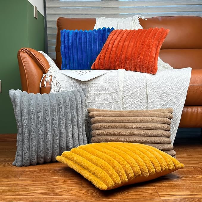 COTEY 18x18 Decorative Faux Fur Throw Pillow Covers Set of 2- Blue