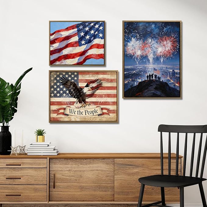 American Flag Framed Canvas Wall Art, 4th of July Patriotic Canvas Prints | Fireworks City View Poster Print, Modern Independence Day Wall Decor for Bedroom Living Room Office 6×8in
