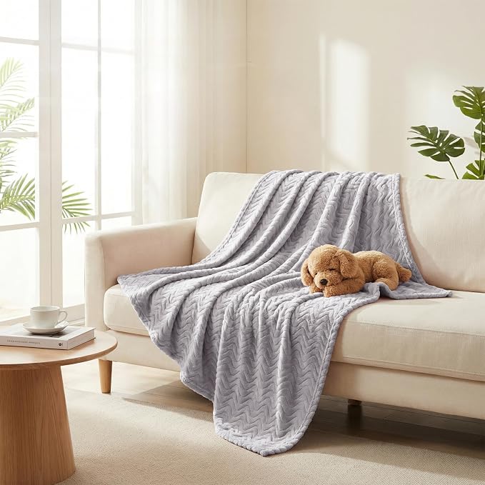 Exclusivo Mezcla Soft Fleece Blanket Queen Size for Bed, Sofa, Light Grey | 90"x90" Breathable Lightweight Flannel Blanket for Summer, Plush Cozy Jacquard Wave for Home Decor