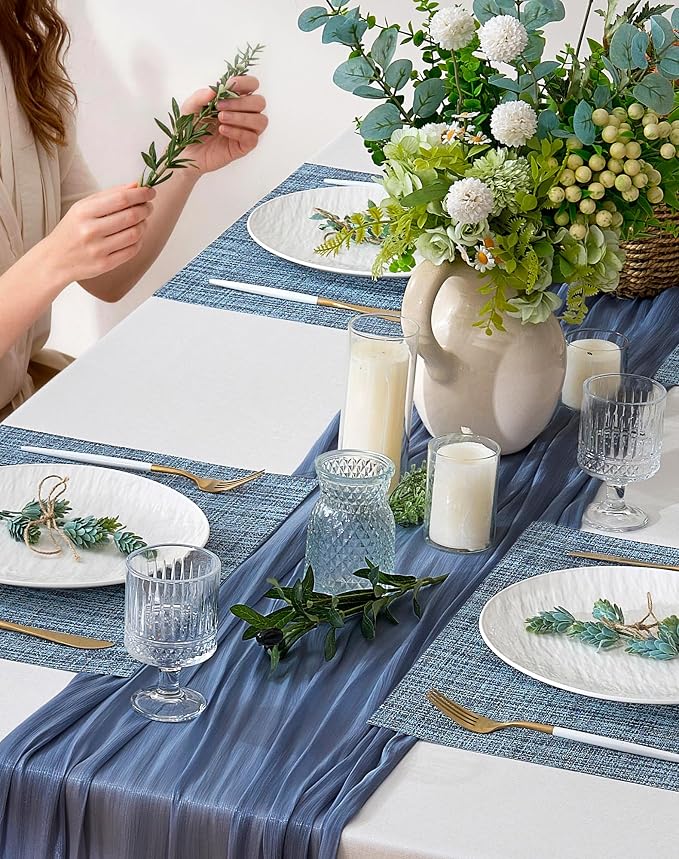 Leetaltree Deep Navy Woven Placemats Set of 12 - Heat Resistant Non-Slip Place mats for Dining Table, Washable Durable PVC Vinyl Woven Table Mats(Deep Navy, 12)