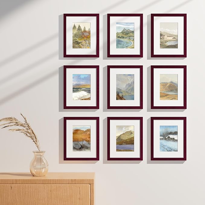 Vittanly 8x10 Picture Frames for Wall Mount & Tabletop, 9 Pack, Cherry Red | Display Pictures 5x7 with Mat or 8x10 without Mat, Small Photo Frames, Engineered Wood with Shatter Resistant Plexiglass