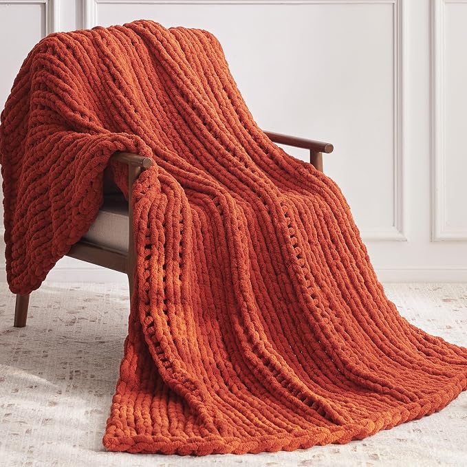 Negwoo Chunky Knit Throw Blanket, Knitted Throw Chenille Yarn, 50"*60" | Soft Thick Cable Knitted Blankets, Handmade Big Thick Blanket, Machine Washable Cute Comfy Blanket for Home Decor, Orange