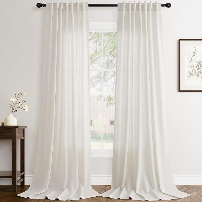 Jowels Natural Linen Curtains 86 Inch Long 2 Panels for Living Room | Ivory Light Filtering Sheer Curtain,Back Tab Pocket Pleated Look,Modern Farmhouse Textured Privacy Drapes for Bedroom Window