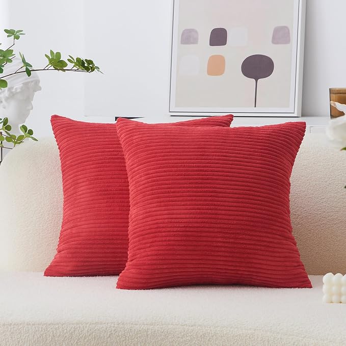Home Brilliant Red Pillow Covers 20x20 Set of 2 Super Soft Corduroy Stripes Velvet Decorative Throw Pillow Covers for Couch Patio, 20 x 20 Inches, Red