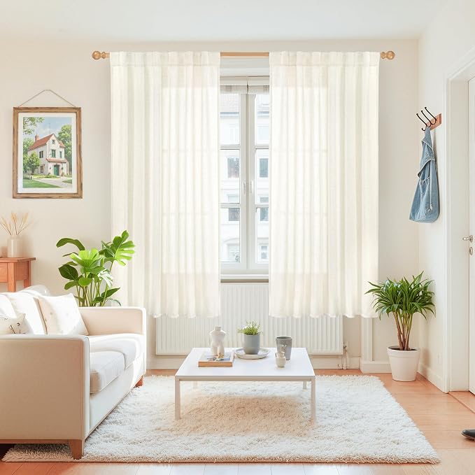 YoungsTex Ivory Linen Semi Sheer Curtains 52X63 Inch Length for Living Room | Light Filtering Drapes with Rod Pocket Back Tab for Country Bedroom Windows, 2 Panels, 52 X 63 Inch