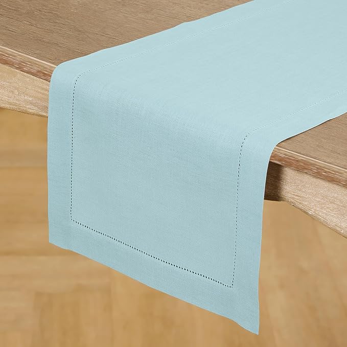 Solino Home 100% Pure Linen Table Runner Aqua Blue Hemstitch, 14 x 108 in | Classic Hemstitch, styles dining tables for meals and celebrations, hemstitched border, mitered corners, OEKO-TEX Certified