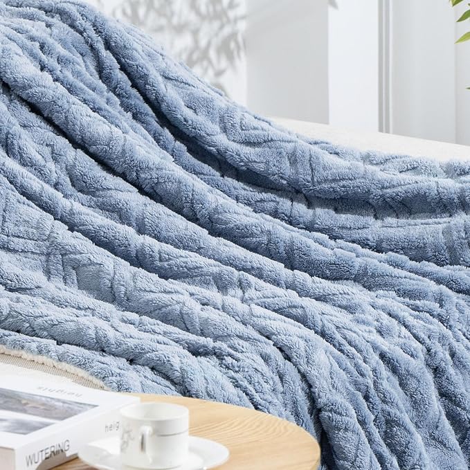 EverGrace Jacquard Reversible Sherpa Throw Blanket, 60" x 80", Blue Linen | Jacquard Sherpa Throw Blanket, Super Soft, Cozy Plush Blanket, Reversible Thick Warm Throw for Bed, Sofa, Living Room