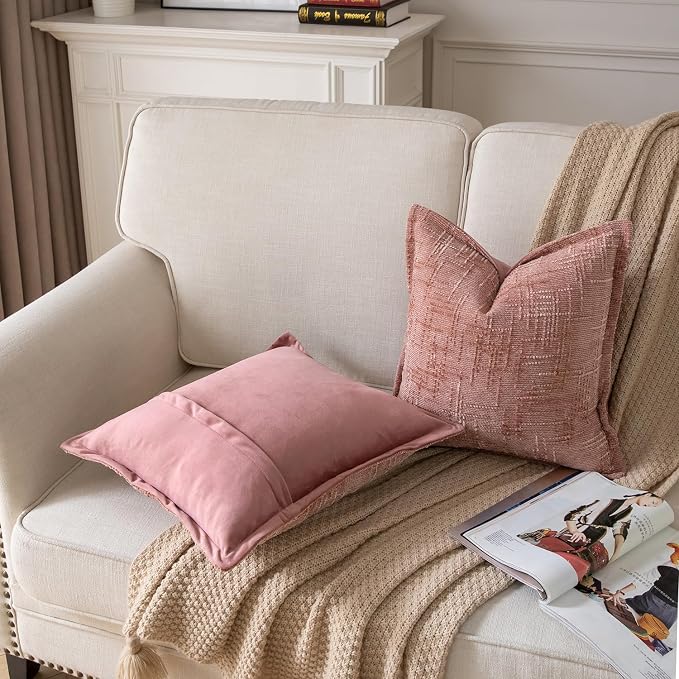 Yaertun Chenille Throw Pillow Covers 22x22 Inch Set of 2 Textured Broadside Soft Cozy Velvet Pillow Covers Modern Farmhouse Boho Decorative Pillow Cases for Couch Bed Sofa Livingroom Dusty Pink