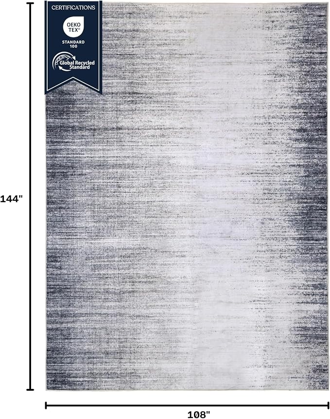 Machine Washable Area Rug, Soft & Durable, Non-Slip, Stain Resistant Rug for Bedroom, Living Room, Dining Room, High Traffic Areas, Eco- Friendly GRS Certified. (Grey/Soft White, 9' X 12')