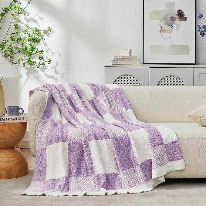 Snuggle Sac Checkered Blanket, Lilac Purple Throw Blanket for Couch Plaid Microfiber Fluffy Warm Cozy Fuzzy Soft Throw Blanket Reversible Checkered Blankets for Sofa, Chair, Bed, 50x60 inches