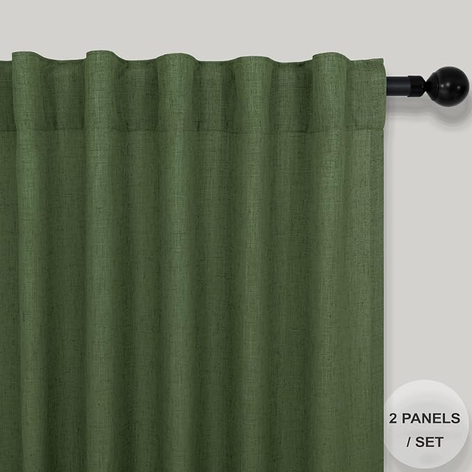 Pitalk Olive Green Curtains 63 Inch Length for Living Room 2 Panels Set Back Tab Rod Pocket Pleated Look Semi Sheer Linen Green Curtains for Bedroom Boho Decoration 52x63 in Long