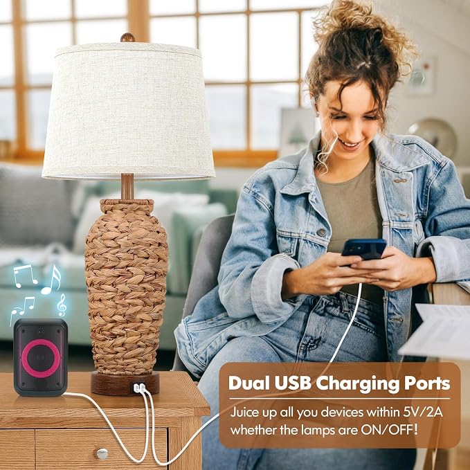Set of 2 Rattan Table Lamps, 27in Tall Boho Table Lamps with 2 USB Charging Ports, Farmhouse Rustic Woven Seagrass Bedside Lamps for Living Room Bedroom Nightstand End Table, E26 Socket, Cream Shade