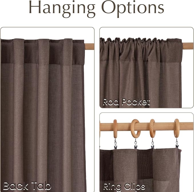 NICETOWN Linen Brown Semi Sheer Curtains for Bedroom, Rod Pocket & Back Tab Privacy Added Thick Flax Linen Blend with Light Filtering Window Treatments for Living Room, W55 x L96, 2 Panels