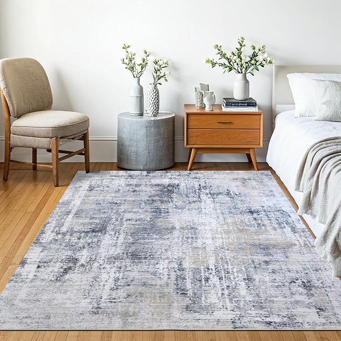 Machine Washable Area Rug, Soft & Durable, Non-Slip, Stain Resistant Rug for Bedroom, Living Room, Dining Room, High Traffic Areas. (Grey/Beige, 9' X 12')