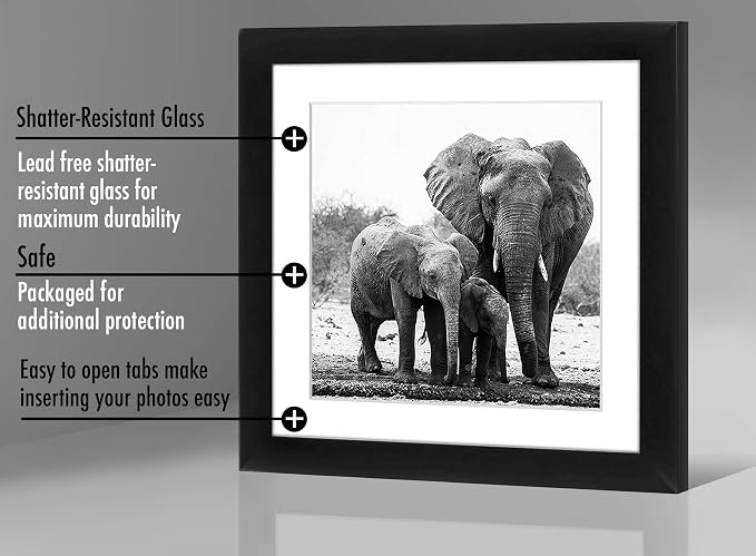 Americanflat 11x11 Picture Frame with Shatter-Resistant Glass - Use as 8x8 Frame with Mat or Display 11x11 Photo Without Mat - Signature Collection - Square Frames for Wall Display - Black