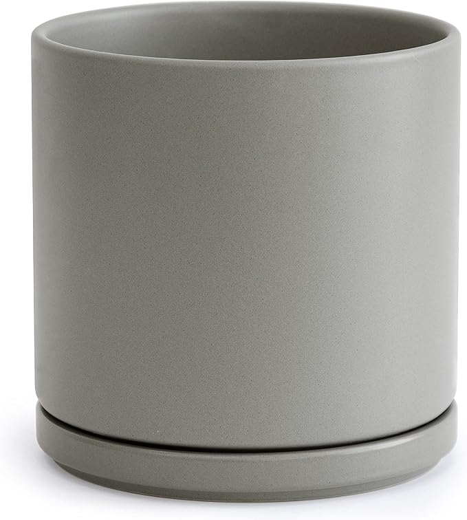 D'vine Dev 8 Inch Ceramic Planter Pot, Grey, 94-O-D-3 | Modern Cylinder Design, Drainage Hole & Saucer Included, Stable Structure, Elegant Home Accent