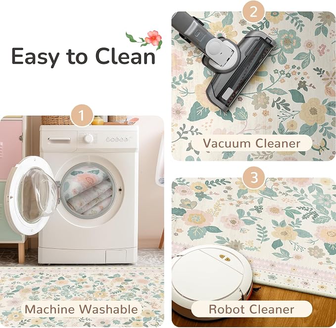 Washable Floral Area Rug for Living Room 3x5 Light Beige | Non-Slip，Vacuum-Friendly, Low Pile, Flower Carpet for Bedroom Kitchen Entryway Dining Room Office Nursery
