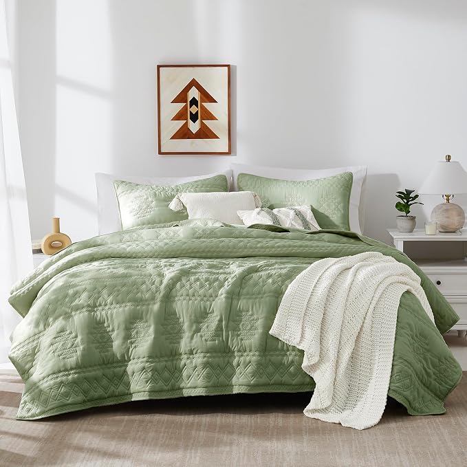 WDCOZY Boho Sage Green Quilts Queen Size Bedding Sets with 2 Pillow Shams, Farmhouse Lightweight Soft Bedspread Coverlet for All Season, 3 Pieces, 90x90 inches