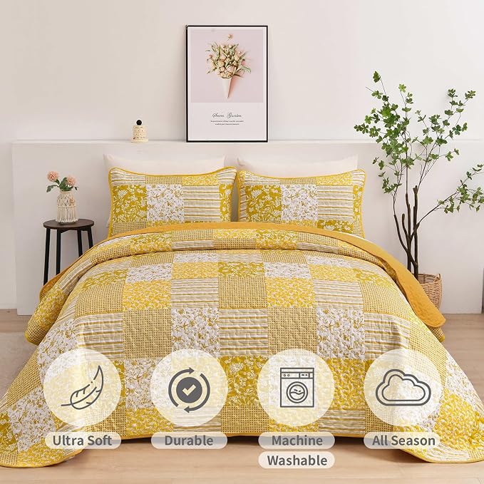 Mybedsoul Boho Quilt King Size, Patchwork Floral Bedding Set, Yellow | Soft Lightweight Microfiber Coverlet Set, 3 Pieces Plaid Reversible Bedspread, Bed Sets for All Seasons 90"x110"