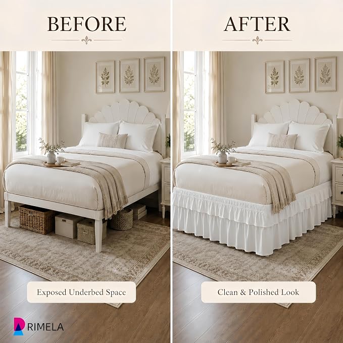 RIMELA Ruffle Bed Skirt Warm White Queen 15 Inch Drop, Elastic Wrap Around Bed Skirting Queen Size, Easy to Install Dust Ruffle, Machine Washable Soft Fabric, Multi Ruffle Bedskirt