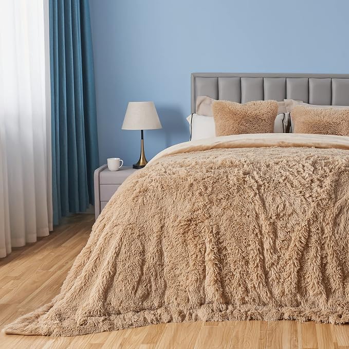 GONAAP Fuzzy Faux Fur Queen Blanket for Couch, Brown, 90"x90" | Warm Cozy Plush Shaggy Decorative Reversible Thick Non-Heated Fleece Blanket for Sofa Bed, Gift for Women Men, All Season Use