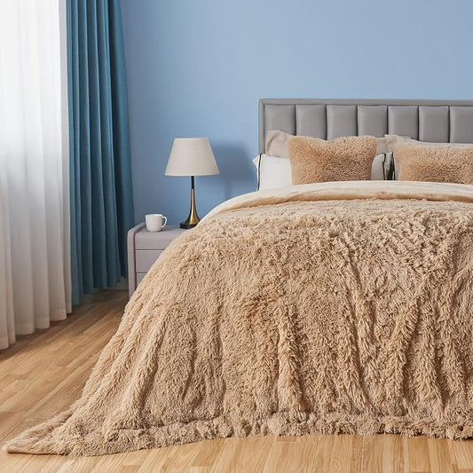 GONAAP Fuzzy Faux Fur Queen Blanket for Couch, Brown, 90"x90" | Warm Cozy Plush Shaggy Decorative Reversible Thick Non-Heated Fleece Blanket for Sofa Bed, Gift for Women Men, All Season Use