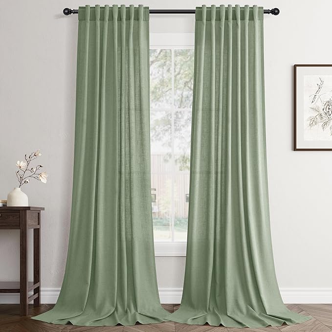 Jowels Mist Sage Linen Curtains 84 Inch Long 2 Panels for Living Room | Light Filtering Semi Sheer Curtain, Back Tab Pocket Pleated Look, Boho Farmhouse Textured Privacy Drapes for Bedroom Window