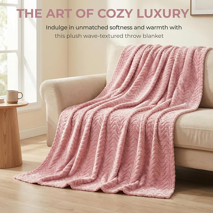 Exclusivo Mezcla Soft Fleece Blanket Twin Size for Bed, Sofa, Pink | 90"x66" Breathable Lightweight Flannel Blanket for Summer, Plush Cozy Jacquard Wave for Home Decor