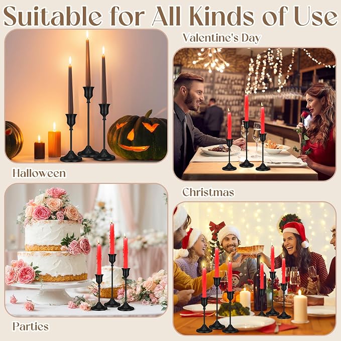 24PCS Brass Black Taper Candle Holders Set, Vintage Candlestick Holders | Tall Table Centerpiece, Pillar & LED Candles, Wedding Reception, Festive Christmas Mantel Decoration, Plus Candle Snuffer