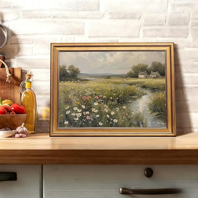 Vintage Gold Framed 3D Textured Wall Art Country Wildflower Field River Wall Decor Picture Summer Farmhouse Nature Rustic Cottagecore Landscape Poster Print for Gallery Home Decoration 9x11in