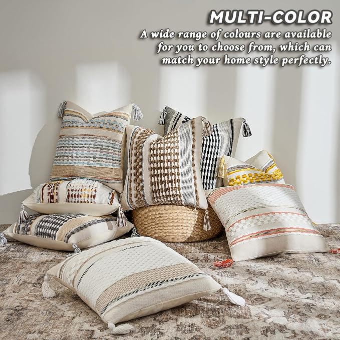 AmHoo Chenille Striped Textured Boho Throw Pillow Covers Aesthetic with Tassels Woven Decorative Pillow Case for Couch Bed Sofa Bedroom Modern Funky 18 x 18-Inch Yellow