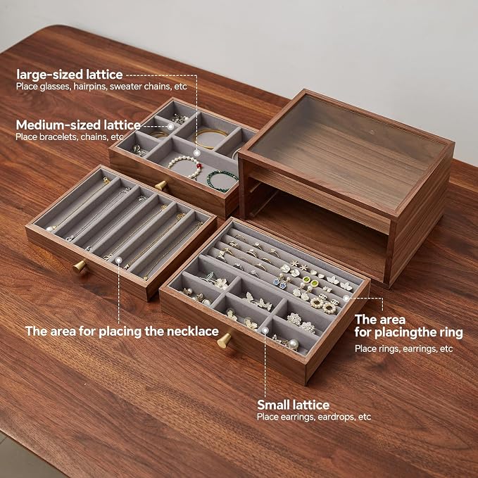 Black Walnut Jewelry Organizer, 3 Layer | Wooden Jewelry Box, For Women, For Necklaces Ring Earring