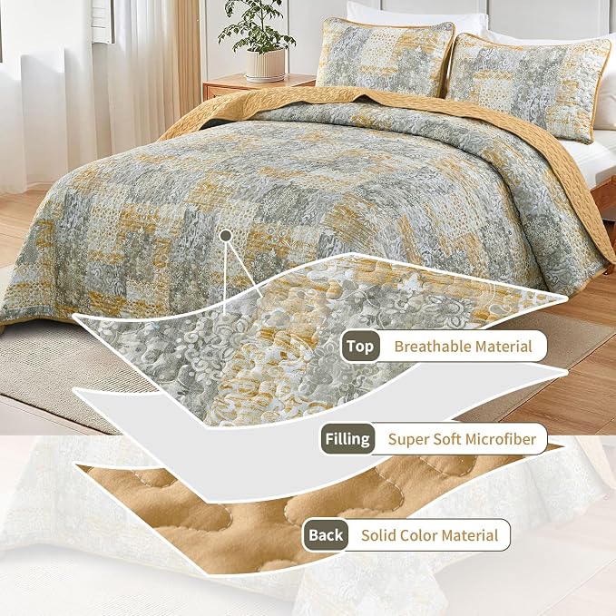Mybedsoul Yellow Boho Quilt Queen Size, Patchwork Floral Bedding Set | Soft Lightweight Microfiber Coverlet Set, 3 Pieces Reversible Plaid Bedspread, Bed Sets for All Seasons 96"x90"
