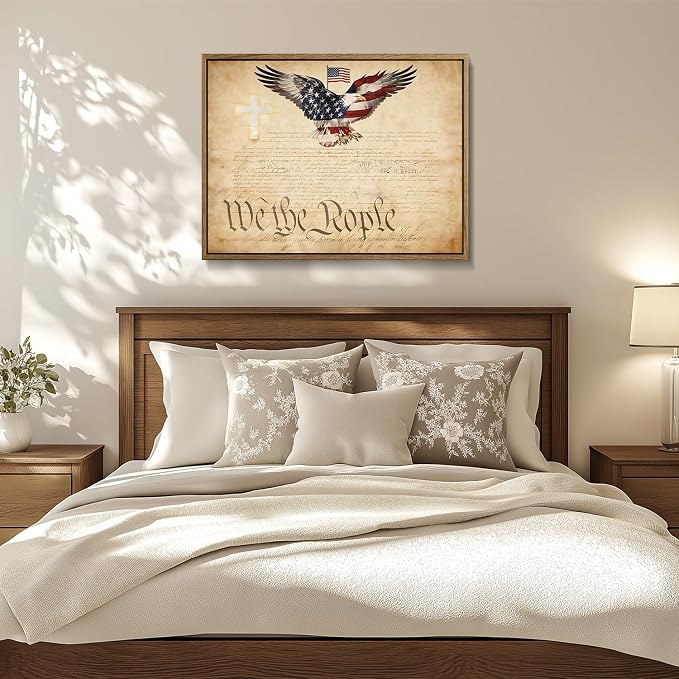 American Flag Framed Canvas Wall Art, 4th of July Patriotic Canvas Prints | USA Flag with Bald Eagle Poster Print, Vintage Independence Day Wall Decor for Bedroom Living Room 12×16in